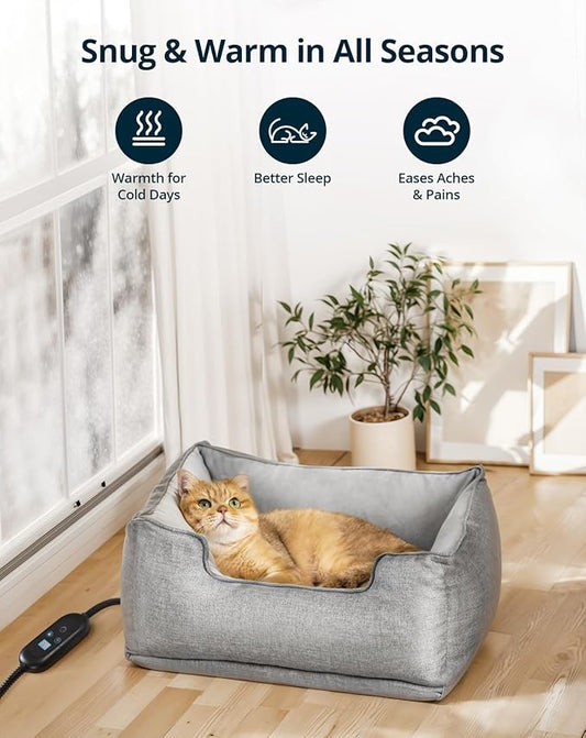 Heated Cat Bed Indoor, Heated Pet Bed with Adjustable Temperature & Timer, Pet Heating Pad for Kittens, Puppies, Dogs, Cats in Winter, UL & FCC Certified - PAWPICO