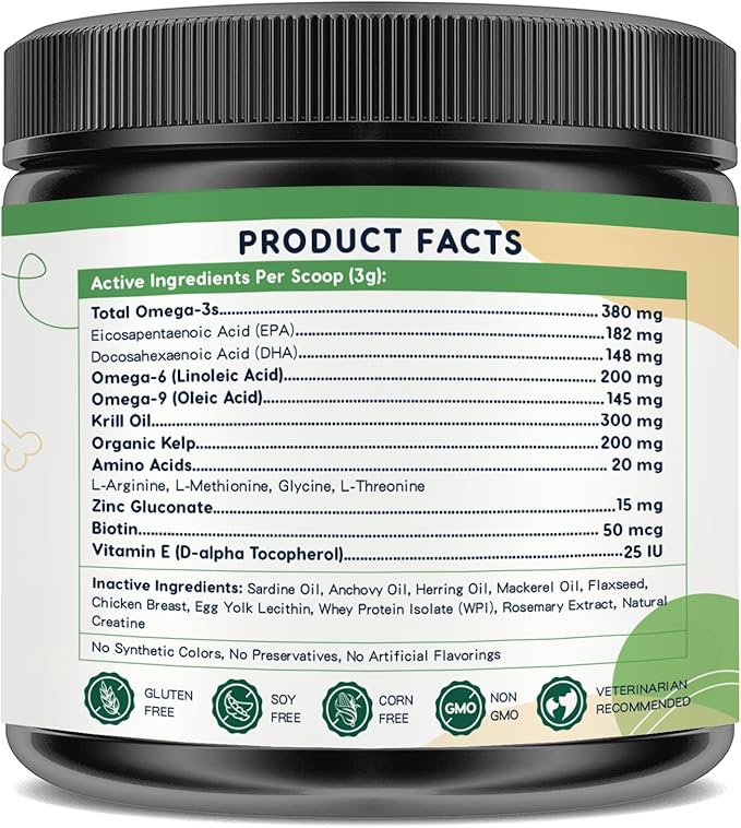 Omega 3 Fish Oil for Dogs, Dog Fish Oil Powder, Wild Caught Fish Oil, EPA&DHA, Krill Oil, Kelp, Dog Skin and Coat Supplement, Anti Itch & Shedding, Support Dry Skin, Joint Health, Dog Allergy Relief ZEBORA