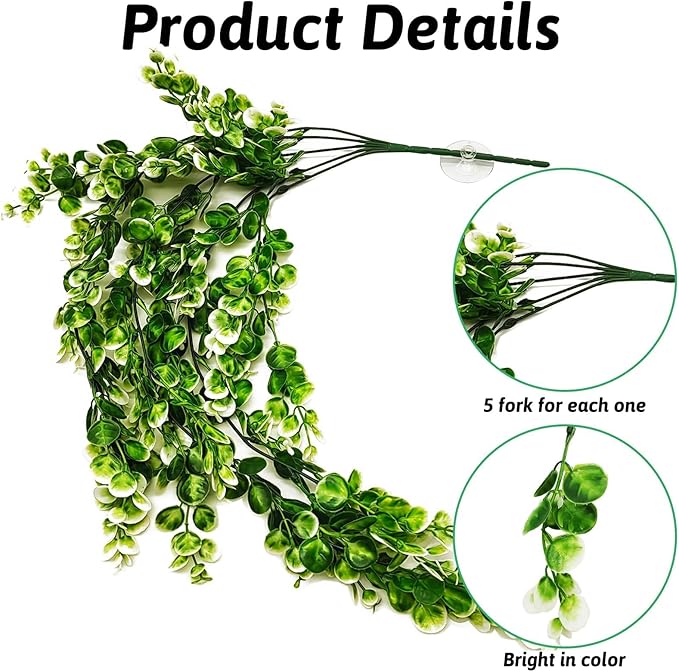 Hamiledyi Hanging Fake Plants for Reptiles, 2 Pack Fake Reptile Plants for Reptiles Tank with Suction Cup, Reptile Plants Jungle Hanging Vines for Bearded Dragon Tank (Green and White) Hamiledyi