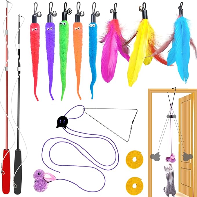 Cat Toys Interactive for Indoor Cats,2PCS Retractable Cat Wand Toys,9PCS Teaser Toys&1PCS Hanging Door Lure Cat Toy,Interactive Feather Toy for Teaser Play and Chase Exercise with Kitten - PAWPICO