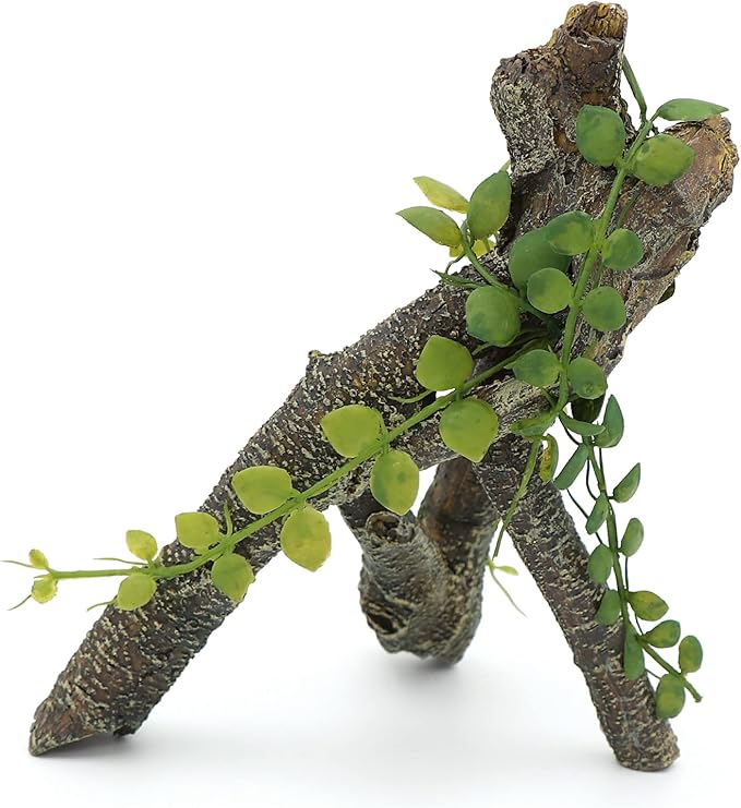 AQUA KT Reptile Corner Branch with Green Leaves Terrarium Desert Habitat Decoration for Lizard Snake Bearded Dragon Chameleon Hermit Crab Leopard Gecko Amphibian Climbing AQUAKT