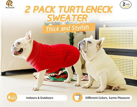 2 Pack Dog Sweaters for Small Dogs - Puppy Medium Warm Clothes in Winter, Turtleneck Pullover Design for Boy Girl Pet, Doggie, Cat, Kitten Chihuahua Bulldog Pug Beagles (2XL, Red, Beige) - PAWPICO