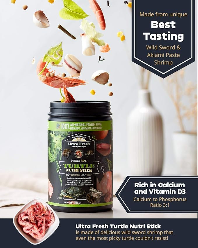 Ultra Fresh - Turtle Nutri Stick, Wild Sword Prawn, Calcium & Vitamin D Enriched Aquatic Turtle Food with Probiotics for Picky Turtles, Made from All Natural Ingredients 3.35 oz UltraFresh-ShrimpDelight