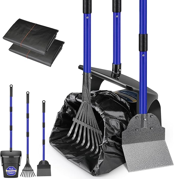 SlowTon Dog Pooper Scooper - 37.4" Long Handle Adjustable Metal Swivel Bin & Rake & Spade Kit with 20 Waste Bags, Portable Pooper Scooper for Gravel Lawn Grass, Suit for Small Medium Large Dog - PAWPICO
