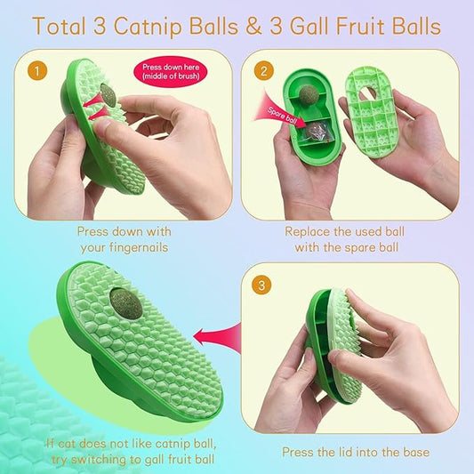 SEVENKA 2 Pack Cat Toys Self-Grooming Cat Brush with 3 Catnip Balls & 3 Gall Fruit, Kitty Kitten Scratcher Self Groomer Catnip Toys for Indoor Cats, Chew Toys Wall Corner Brushes Edible Wall Treats - PAWPICO
