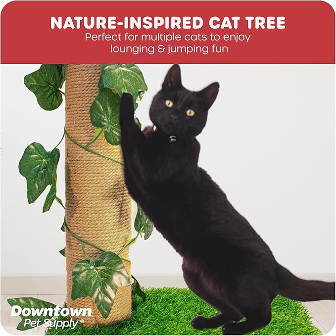 Downtown Pet Supply 4-Level Tall Cat Tower for Indoor Cats, Synthetic Grass - Tightly Woven Sisal Rope Cat Scratching Post with Stable Wooden Base - Extends from 93-97.5" - PAWPICO