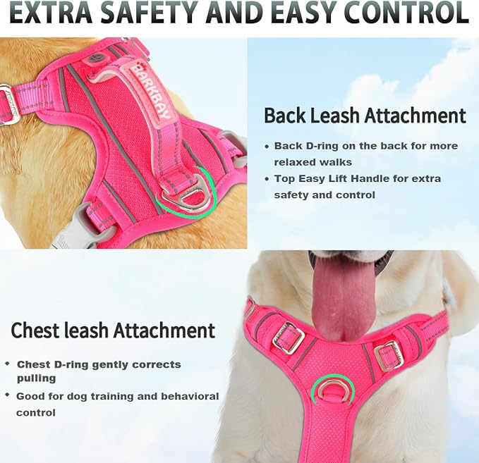 BARKBAY No Pull Dog Harness 3 Buckles Large Reflective Dog Harness with Front Clip and Easy Control Handle for Walking Training Running with ID tag Pocket(Pink,L) BARKBAY