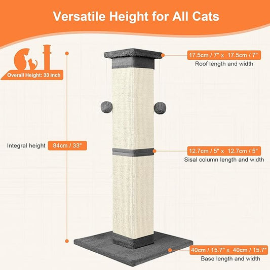 Cat Scratching Post 33 Inch Nature Sisal Cat Scratch Post for Indoor Cats, Large Cat Scratcher Protect Your Furniture, for All Breeds Grey - PAWPICO