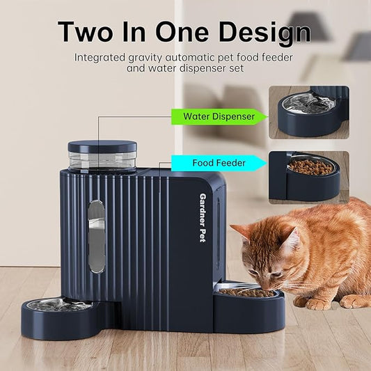 Gardner Pet Automatic Gravity Cat Food Feeder and Water Dispenser Stainless Steel Two-in-One Set Large Capacity Dispenser for Pets Dogs, Puppies, Kittens - PAWPICO