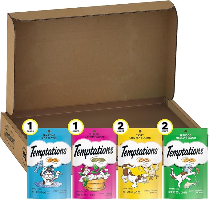 Temptations Classic Crunchy and Soft Cat Treats Feline Favorites Variety Pack, 3 oz. Pouches, Pack of 6 Temptations