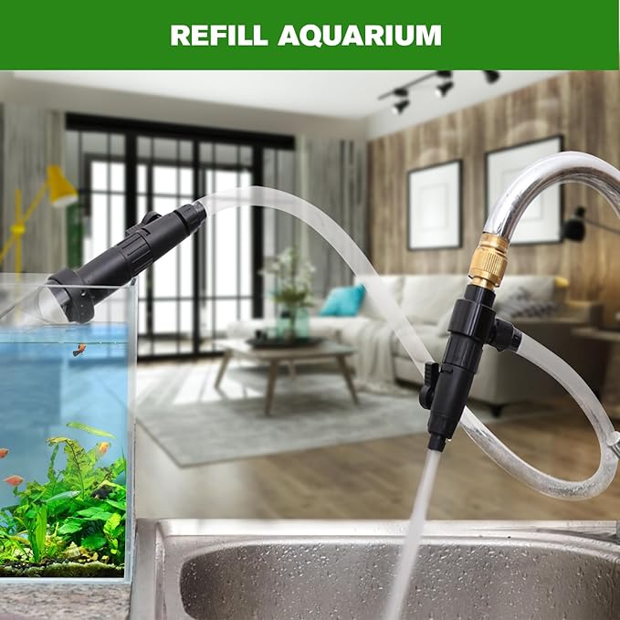 ZRDR Aquarium Siphon Vacuum Gravel Cleaner Kit for Fish Tank Cleaning Gravel & Sand, Fish Tank Water Changer Metal Faucet Connector with Long Hose Drain & Fill(32ft) ZRDR