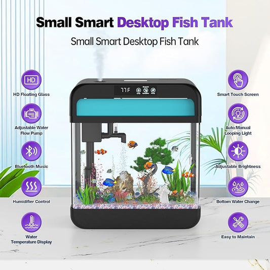 Fish Tank Aquarium 2.2 Gallon Fish Bowl with Music Humidifier 7 Color Auto-Looping Light Adjustable Pump with Filtration & Aeration & Circulation, Temperature Display, Bottom Water Changer Wilody
