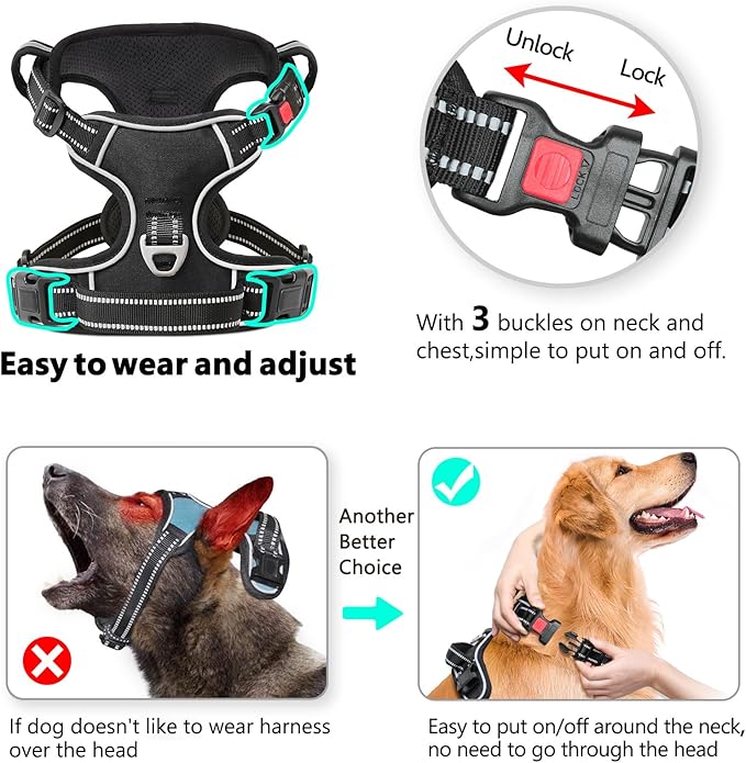 Timos Dog Harness, No-Pull Pet Harness with 2 Leash Clips, Adjustable Soft Padded Dog Vest, Reflective Outdoor Pet Oxford Vest with Easy Control Handle Black Timos