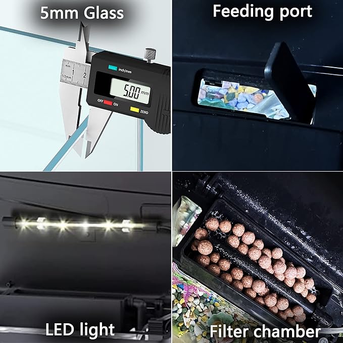 Glass Fish Tank 2.3 Gallon Aquarium Starter Kit Small Betta Fish Tank Desktop Mini Fish Bowl for Shrimp Small Fish with Pump LED Light Simulated Water Plants and Filtering Materials (Black) PAWPICO