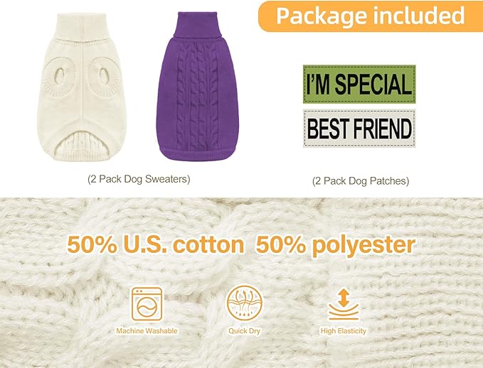 2 Pack Dog Sweaters for Small Dogs - Puppy Medium Warm Clothes in Winter, Turtleneck Pullover Design for Boy Girl Pet, Doggie, Cat, Kitten Chihuahua Bulldog Pug Beagles (S, Purple, Beige) - PAWPICO
