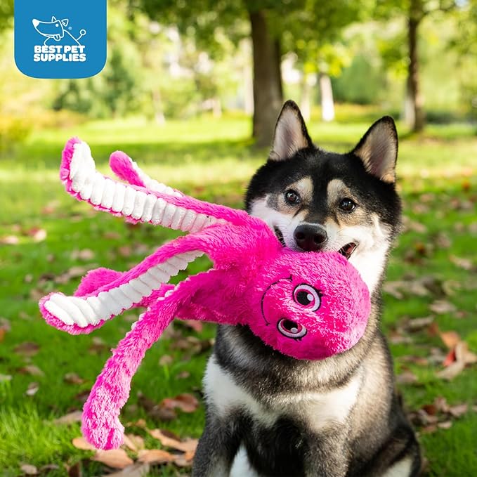 Best Pet Supplies OctoMutant Crinkle Plush Dog Toys for Interactive Play, Puppy and Senior Indoor Play, Colorful Octopus Toy Shape, Soft Head Stuffing, Cute and Cuddly - Fuchsia - PAWPICO