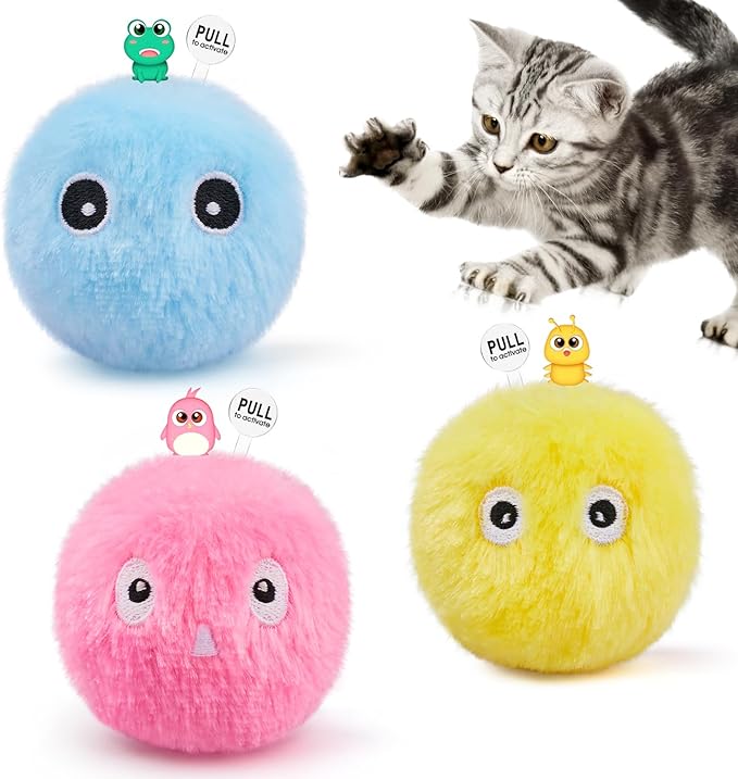 Potaroma Chirping Cat Toys Balls with SilverVine Catnip, Upgraded, 3 Pack Fluffy Interactive Cat Kicker, 3 Lifelike Animal Sounds, Kitty Kitten Catnip Exercise Toys - PAWPICO