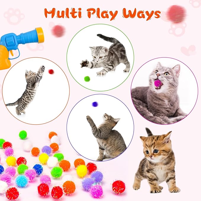 BooTaa Pet Toys, Interactive Cat Toy Set, 80pcs Glitter Pom-Poms Cat Ball Toy with 1 Launcher, Safe Soft Cat Toy Balls for Fetch, Training, Playing - PAWPICO