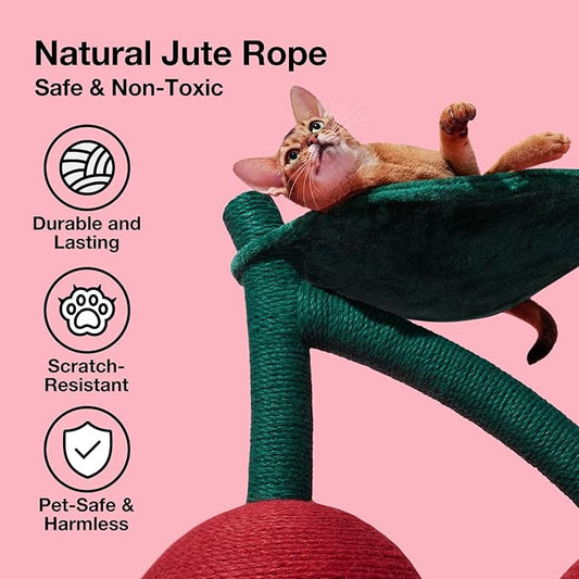 VETRESKA Cat Scratching Post, Large Cherry Cat Scratcher with Hammock, Tall Cat Scratch Interactive Toy with Natural Sisal Rope for Indoor Cats, Kittens - PAWPICO