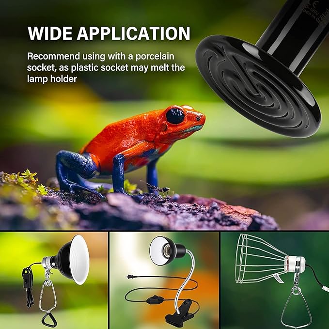 HealSmart Reptile Heat Lamp 100W Ceramic Heat Emitter, No Light Emitting Heat Bulbs for Amphibian Pet Brooder Coop Incubating Chicken, Lizard Bearded Dragon Turtle Snake Terrarium Black HealSmart