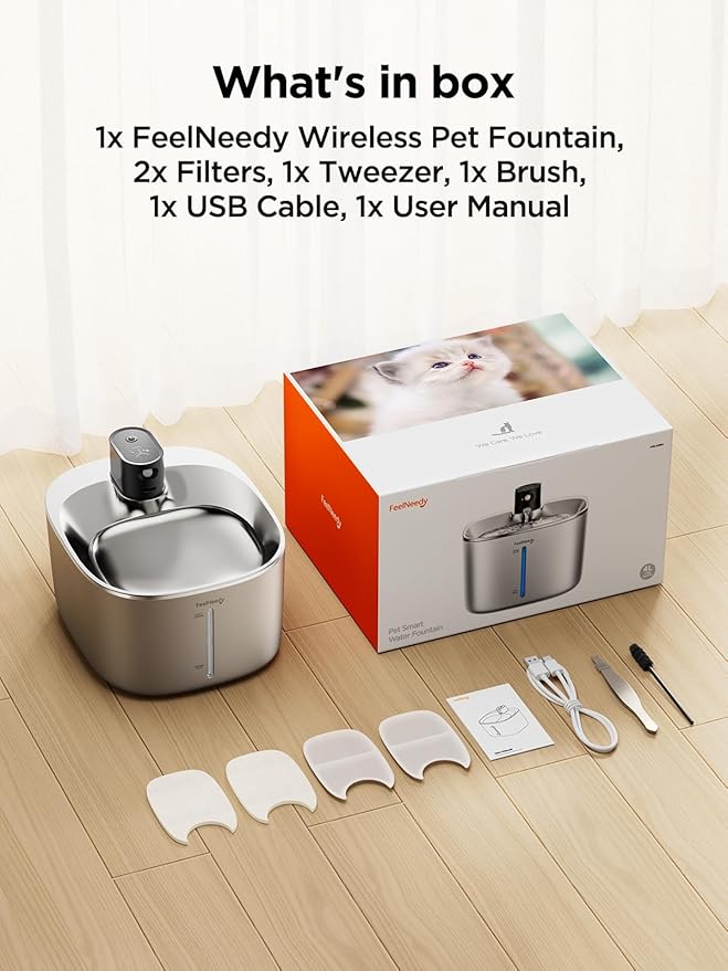 Wireless Cat Water Fountain Stainless Steel with Sensor, 4000mAh Battery Operated, 4L/135fl oz Pet Water Fountain for Cats Dogs, Ultra Quiet Cat Drinking Fountain with 2 Filters (YPD-C004S) - PAWPICO