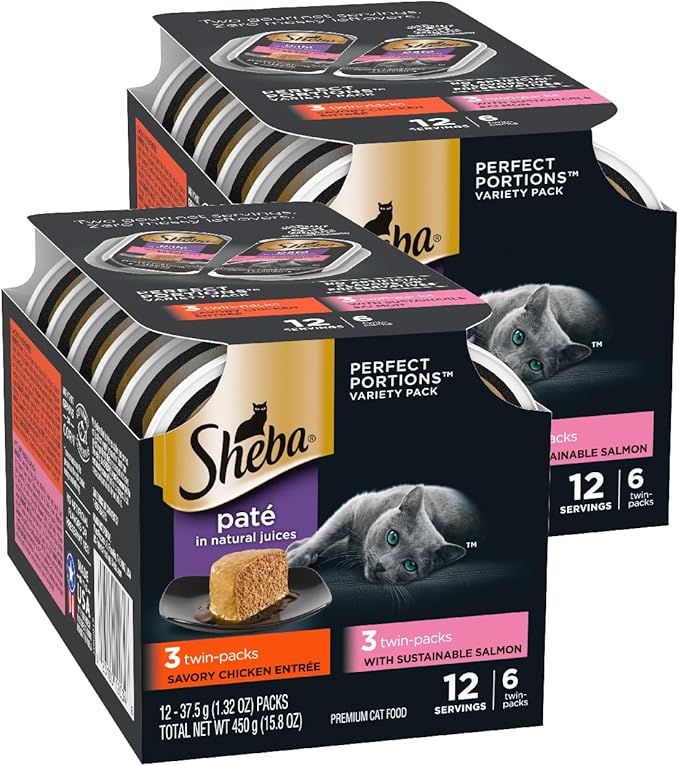 Sheba Perfect Portions Wet Cat Food Pate Savory Chicken Entree and With Sustainable Salmon Variety Pack, 2.6 oz., Twin-Pack Trays (6 Count, 12 Servings) (Pack of 2) - PAWPICO