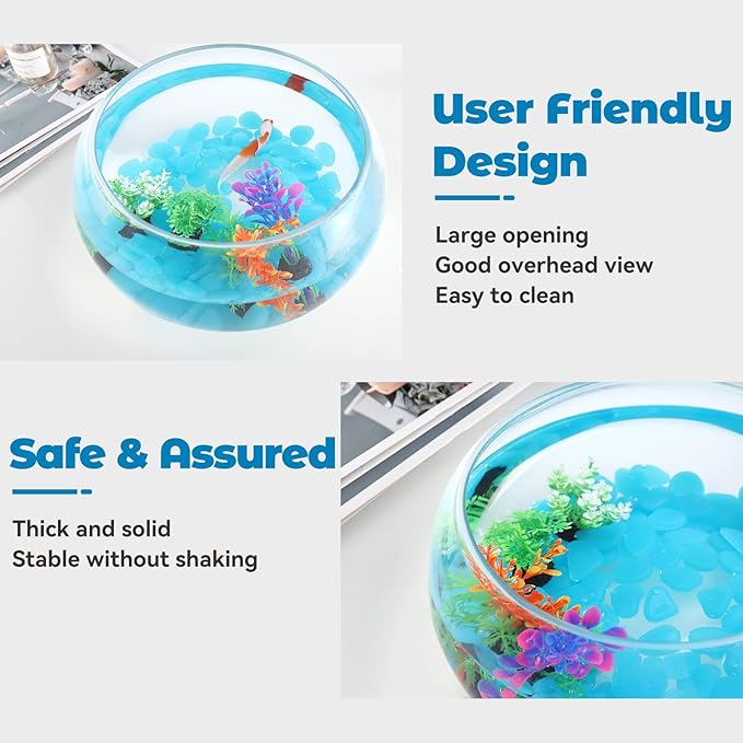 1 Gallon Glass Fish Bowl with Decor, Include Fluorescent Rocks & Colorful Plastic Trees, High White Glass for Clear View, Small Fish Bowl/Aquarium for Betta/Goldfish, Nice Home Décor LAQUAL