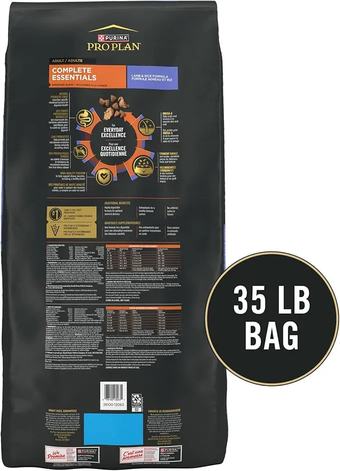 Purina Pro Plan Complete Essentials Shredded Blend Lamb and Rice High Protein Dog Food with Probiotics for Dogs - 35 lb. Bag - PAWPICO