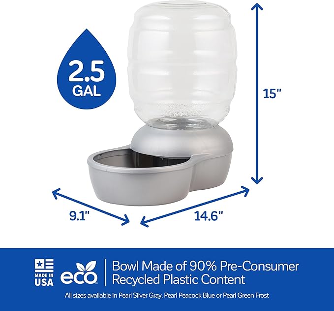 Petmate Replendish Automatic Gravity Waterer for Cats and Dogs, BPA-Free, No Batteries Required, Includes Charcoal Filter, 2.5 Gallons, Made in USA,Silver - PAWPICO