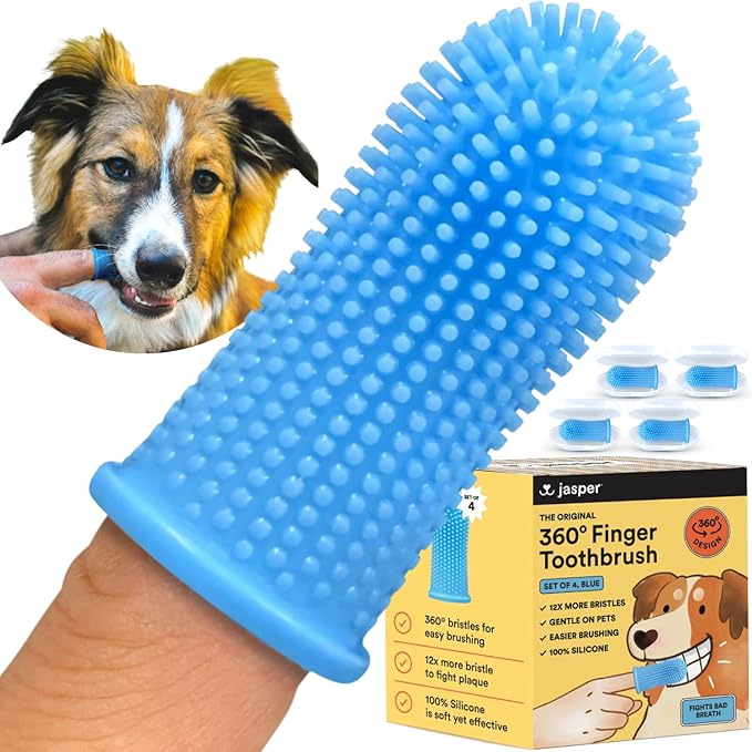 Jasper Dog Toothbrush, 360º Dog Tooth Brushing Kit, Cat Toothbrush, Dog Teeth Cleaning, Dog Finger Toothbrush, Dog Tooth Brush for Small & Large Pets, Dog Toothpaste Not Included, 4-Pack Blue JASPER%C2%AE