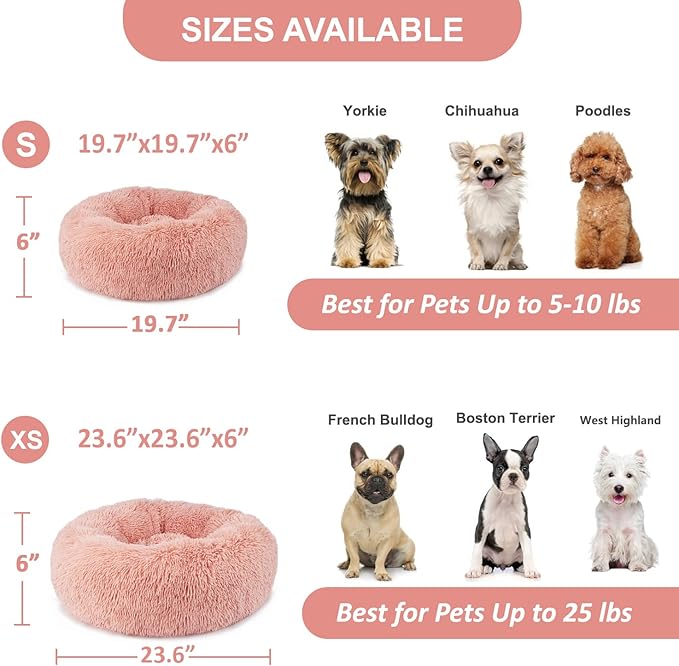 Pink Dog Bed for Small Dogs Machine Washable, Calming Bed for Puppy with Anxiety,19 Inch Round Donut Cute Soft Plush Cuddler Girl Dog Bed for small size dogs with Fluffy Faux Fur,Fits Under 10 lb Pets - PAWPICO