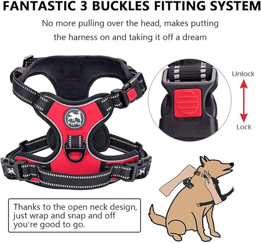 PoyPet No Pull Dog Harness, No Choke Front Clip Dog Reflective Harness, Adjustable Soft Padded Pet Vest with Easy Control Handle for Small to Large Dogs(Red,XS) PoyPet