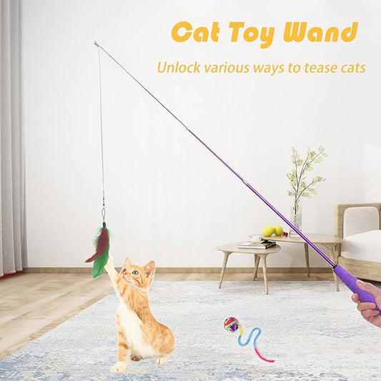 Cat Toy 8 Pcs Feather Teaser Wand Toy Cat Fishing Pole Toy Cat Toys for Indoor Cats Cats Including Cat Balls Spring Hair Balls - PAWPICO