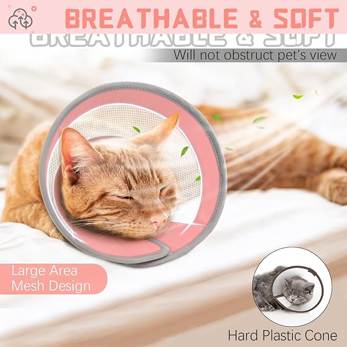 Cat Cone, Breathable Cat Cone Collar Soft, Adjustable Cat Cone to Stop Licking, Water Resistant Neck Cone for Cats with Air Mesh, Protective Cat Recovery E Collar for Cat Kitten(Pink,S-8 GoGoPaw