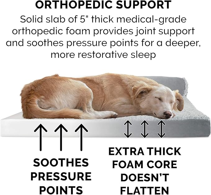 Furhaven Orthopedic Dog Bed for Large Dogs w/ Removable Bolsters & Washable Cover, For Dogs Up to 125 lbs - Two-Tone Plush Faux Fur & Suede L Shaped Chaise - Stone Gray, Jumbo Plus/XXL - PAWPICO