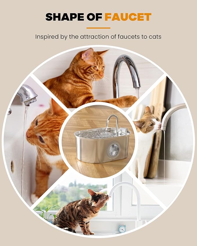 Cat Water Fountain Stainless Steel: with 6 Carbon Filter + 3 Sponge - 108oz/3.2L pet Water Fountain - Water Fountain for Cats Inside with Water Level Window Quiet Pump Faucet cat Fountain - SOOFPET - PAWPICO