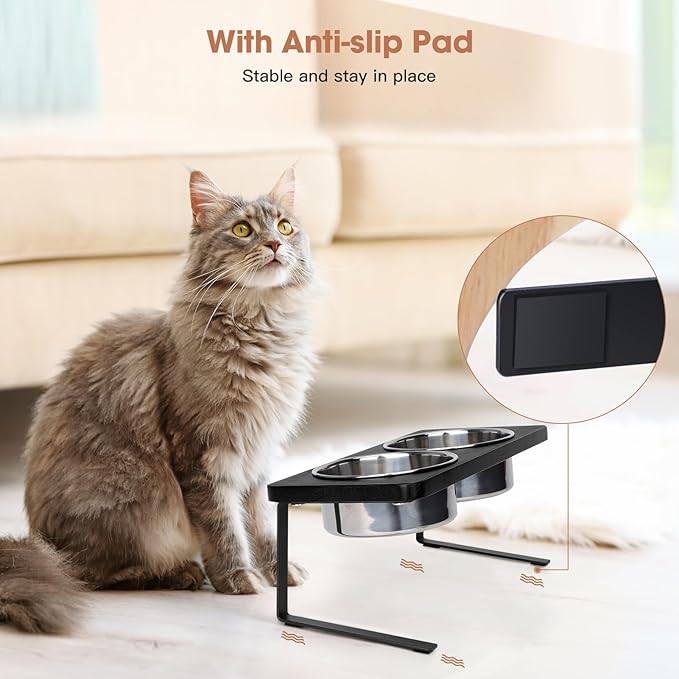 Elevated Cat Bowls, 15° Tilted Raised Cat Food Bowls Wood Pet Bowls with Stand Anti Vomiting 2 Stainless Steel Bowls for Cats and Puppy - PAWPICO