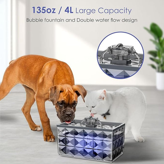 Cat Water Fountain, 135oz/4L Ultra Quiet Automatic Pet Water Fountain with Colorful LED Indicator for Water Shortage Alert, Dog Water Dispenser with Replacement Filters (Grey) - PAWPICO