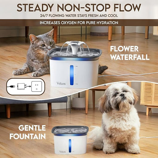 Veken 95oz/2.8L Pet Fountain, Automatic Cat Water Fountain Dog Water Dispenser with Replacement Filters for Cats, Dogs, Multiple Pets (Grey, Plastic) - PAWPICO