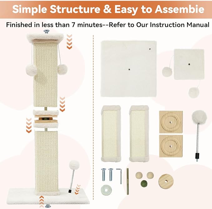 OTOB Cat Scratching Post 33 Inch, Nature Sisal Scratching Posts for Indoor Cats Adults Kitten, 6-in-1 Interactive Turntable Cat Scratch Post Protect Your Furniture, Large Cat Scratcher, Beige - PAWPICO