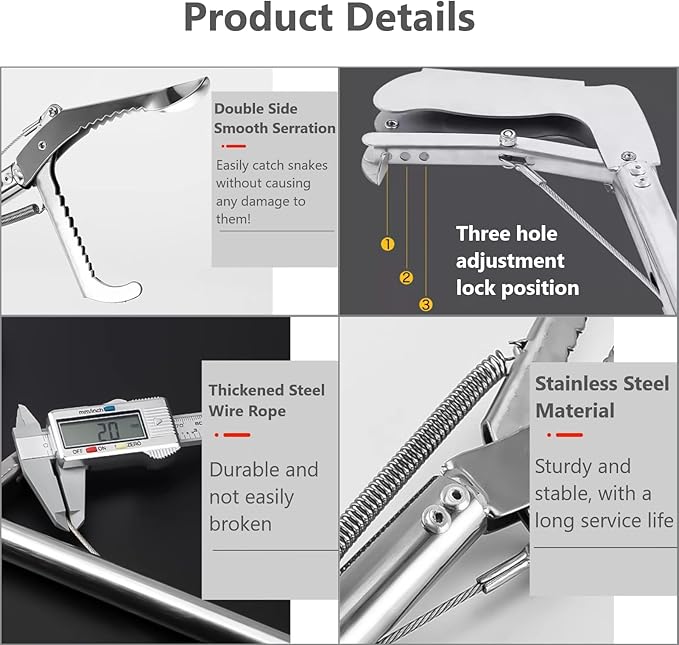 50" Snake Tongs Collapsible Grabber Tool, Professional Reptile Snake Catcher, 3 Foldable Sections Snake Hook,Stainless Steel Snake Pole Handling Tools - PAWPICO