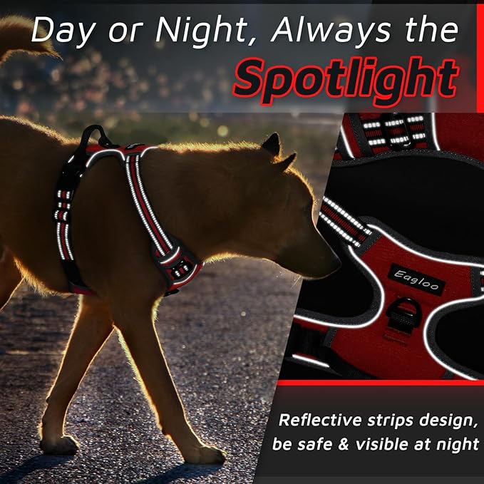 Eagloo Dog Harness Large Breed, No Pull Service Vest with Reflective Strips and Control Handle, Adjustable and Comfortable for Easy Walking, No Choke Pet Harness with 2 Metal Rings, Red, XL GoExplorewithEagloo