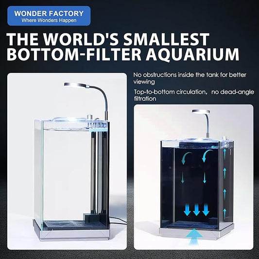 3 Gallon Small Aquarium Betta Fish Tank AIO Starter Kit, Self Cleaning Hidden Filtration Bottom Filter HD Float Glass with Light Substrate Plants Cleaning Tool Set, Leak-Proof for Gift Present WONDERFACTORY