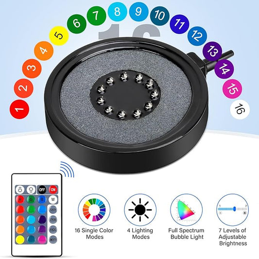 Aquarium Air Bubble Light, LED Fish Tank Bubbler Stone Disk with 11 Super Bright Lamp Beads, 16 Colors and 4 Modes Adjustable for Fish Tank Decoration Oxygenation fishkeeper