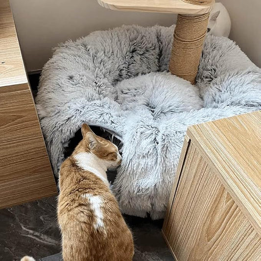 Cat Tunnel Bed for Indoor Cats Donut Cat Tunnel Multifunctional Cat Bed with Peephole Cat Cave Tunnel Bed with Tunnel for Multi Cats(Grey) - PAWPICO
