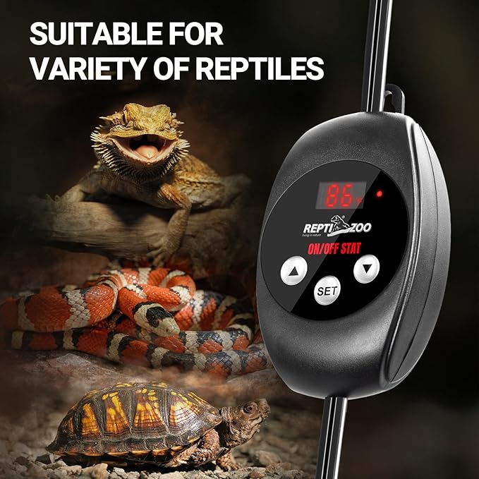 REPTI ZOO Reptile Thermostat Wide Range Temperature Controller Reptile Heat Pad Digital Thermostat Waterproof Seedling Heat Mat Thermostat for Turtles, Lizards, Frogs, Hermit Crabs, Snakes, Plants REPTIZOO