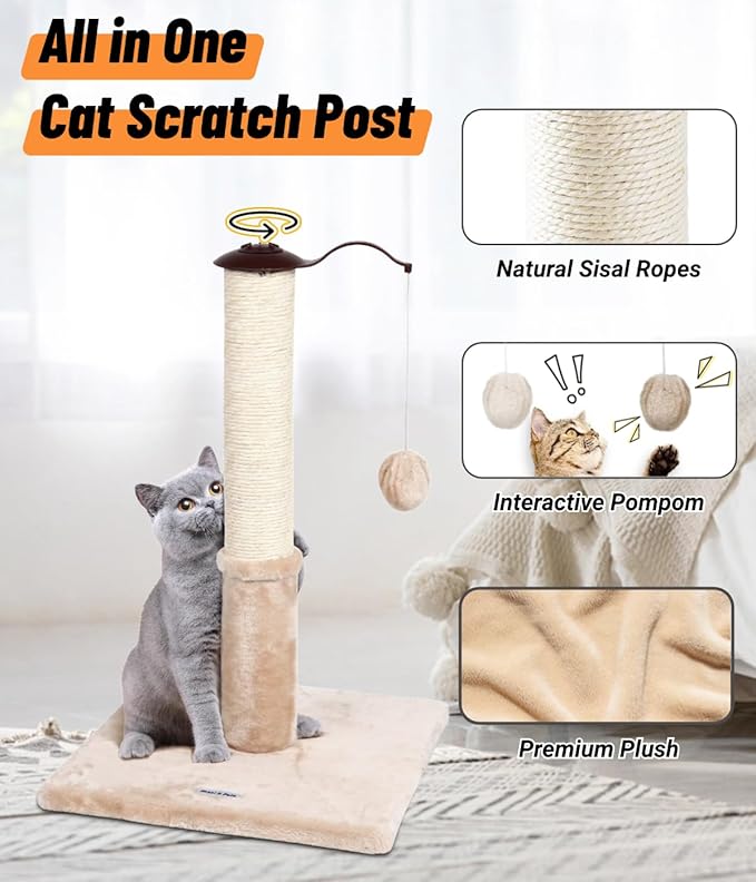 Happi N Pets 22" Cat Scratching Post, Natural Sisal Scratchers Trees for Indoor Cats, Featuring with Rotatable Hanging Balls & Stable Base, Cat Scratch Posts for Kittens-Beige - PAWPICO