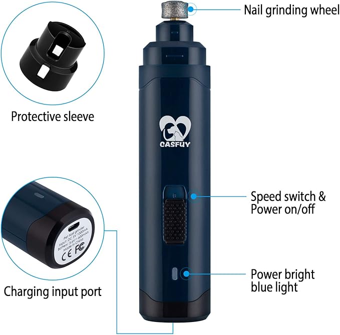 Casfuy Dog Nail Grinder Upgraded - Professional 2-Speed Electric Rechargeable Pet Nail Trimmer Painless Paws Grooming & Smoothing for Small Medium Large Dogs & Cats (Dark Blue) - PAWPICO