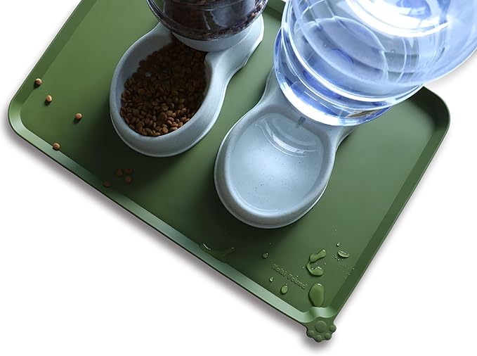 Hoki Found Large Silicone Pet Food Mats Tray - Waterproof Dog Pet Cat Feeding Mat - Non Slip Pet Dog Cat Food Bowl Mats Placemat -Pet Water Mats for Carpet - Dark Olive - PAWPICO