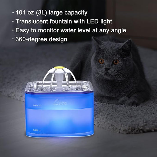 Crystal Cat Water Fountain Stainless Steel, 101oz/3L Pet Fountain with LED Light for Cats and Dogs (Blue) - PAWPICO